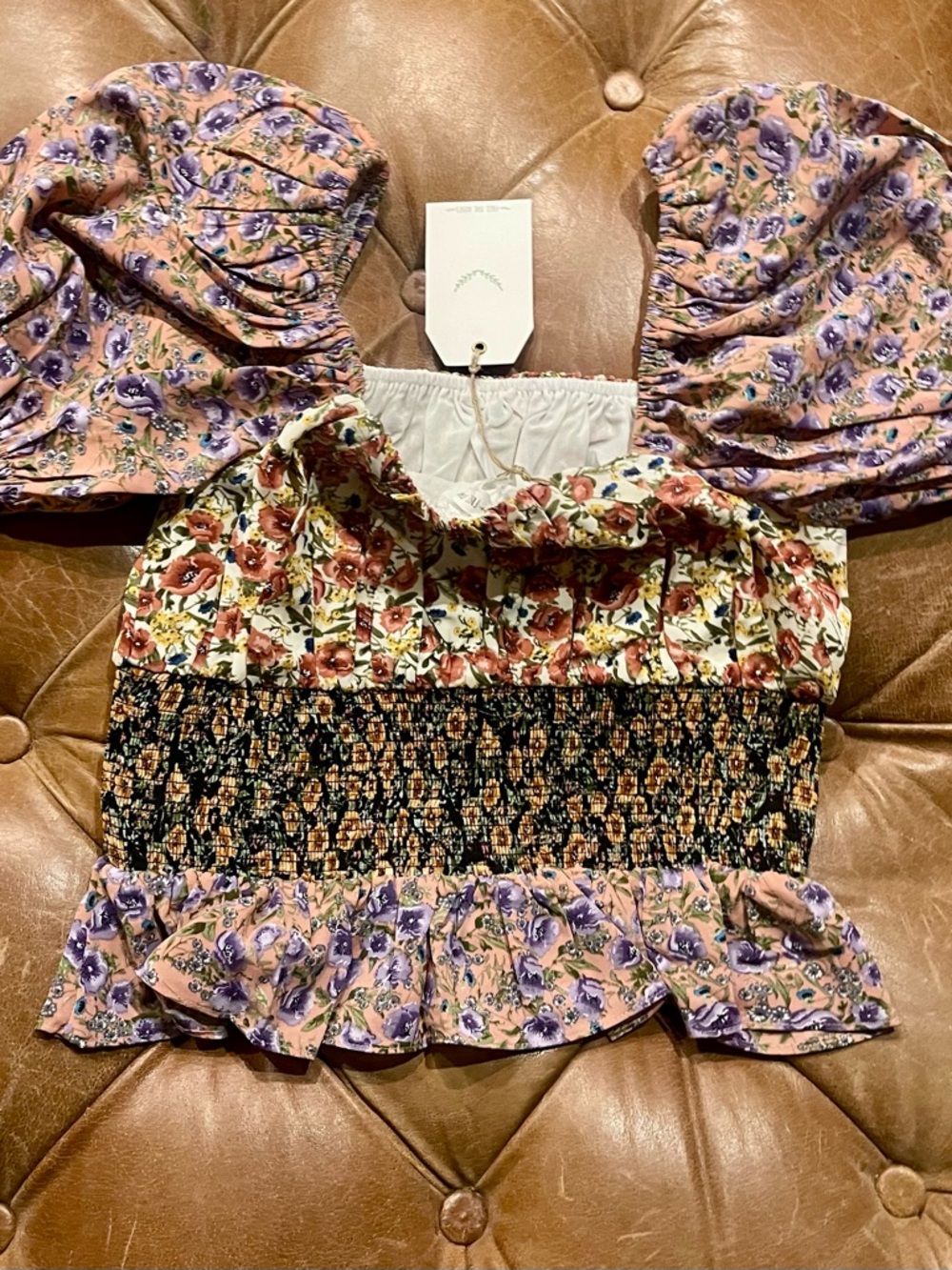 Free the Roses Floral Puff-Sleeve Smocked Crop Top - Pink, Purple, Black
